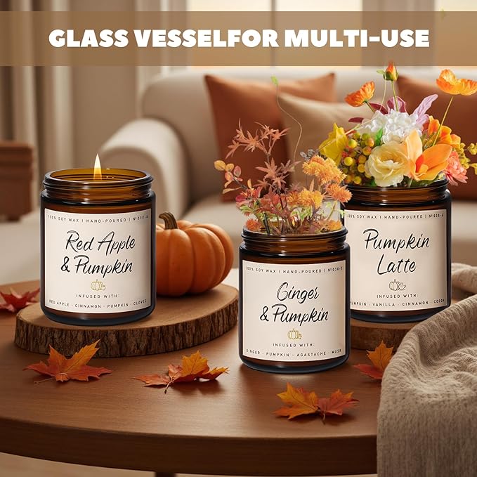 Auelife Fall Scented Candles - Pumpkin Candle Set of 6 | Ginger, Apple, Cake, Caramel, Latte & Spiced Pumpkin Soy Candles | Autumn Candle for Home Décor & Gifts for Women, Cozy Fall Aromatherapy