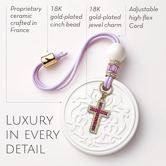 Luxury Car Air Freshener for Women - Refillable & Portable Essential Oil Fragrance Diffuser - Cute Car Accessories & Interior Decor - Mirror Hanging or Vent Clips - Rubies Cross Charm, Rose Scent