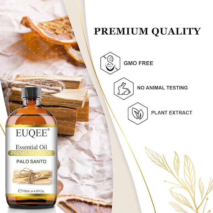 EUQEE Palo Santo Essential Oil 118mL Pure Palo Santo Oil Premium Essential Oil with Glass Dropper for Diffuser, Soap Candle Making - 4Fl. Oz