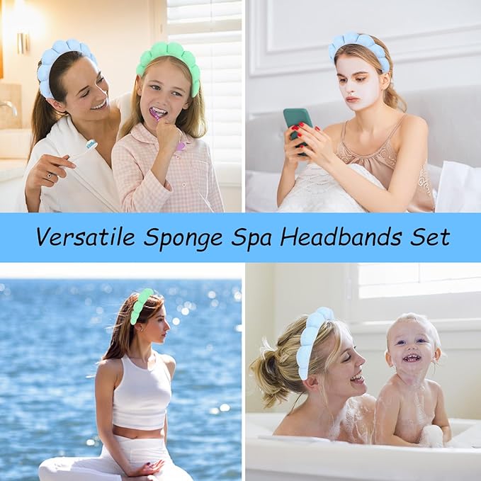 AMCAMI Puffy Spa Headband for Women Sponge Headbands for Girls 2 PCS Terry Towel Cloth Fabric Head Band for Skincare,Makeup Removal,Face Washing,Facial Mask,Shower,Hair Accessories（Blue&Light Green）