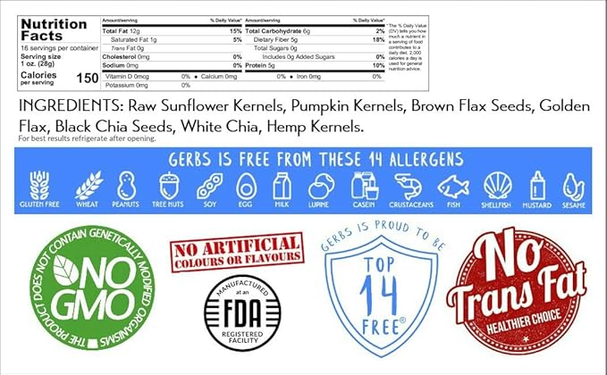 GERBS Raw Super 7 Seed Snack Trail Mix 1 LBS. | Top 14 Food Allergy Free | Resealable Bulk Bag | Made in USA | Raw Pumpkin | Sunflower | Brown & Golden Flax | Black & White Chia | Hemp | Gluten Free