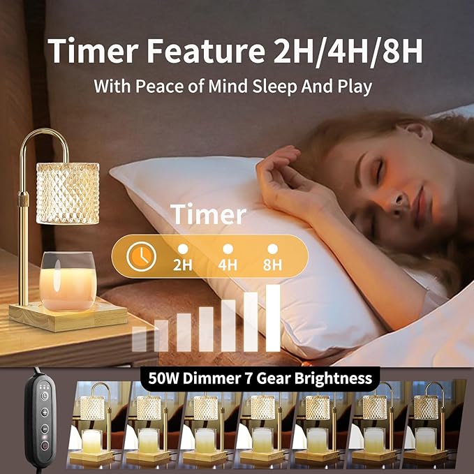 Candle Warmer Lamp, Candle Lamp Wax Warmer, Timer & Dimmer 7-Levels, Fits Cup Jar Candle, Top Melting, Crystal Heater Lamp for Scented Wax, Elegant Home Decor, Brass Glass