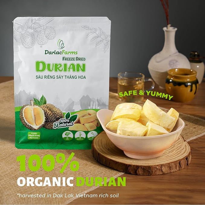DARLAC FARMS Freeze Dried Durian Bites 60g 2.12 Oz (0.7 Oz x 3 Counts), Premium Organic Crispy Crunchy Natural Healthy Fruit Snacks for Kids & All Ages, No Sugar Added