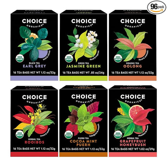 Choice Organic Teas - Favorites Variety Pack Sampler - Includes Earl Grey, Jasmine Green, Oolong, Rooibos, Cocoa Mint Puerh, and Grapefruit Honeybush Organic Teas - 96 Tea Bags (Pack of 6)