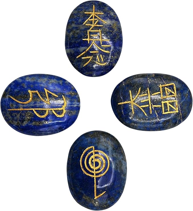 Amazing Gemstone Lapis Lazuli Crystal Reiki Stones with Engraved Symbols for Usui Reiki Healing, Set of 4 Pcs (Indian Handmade Reiki Gift Set)