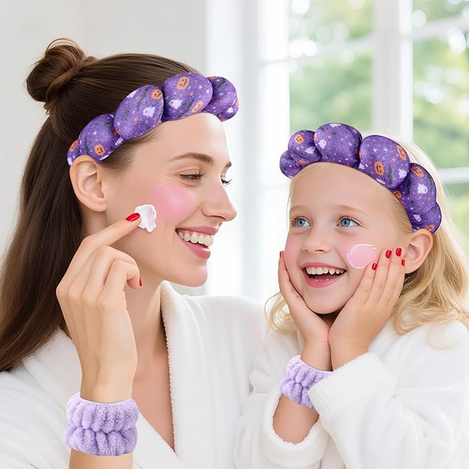 Zkptops Spa Headband for Washing Face Wristband Set Sponge Makeup Skincare Velvet Fabric Bubble Get Ready Hairband Puffy Headwear Non Slip Thick Thin Hair Accessory Gift for Women Girls(Halloween)