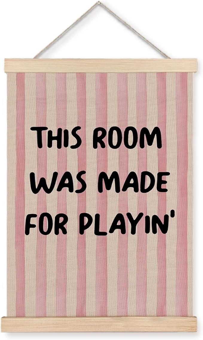 Exqcom Kids Playroom Wall Decor, Play Room Wall Art Poster, This Room Was Made for Playin Preppy Pink Striped Posters for Kids Girls Nursery Toddler Room Bedroom Playroom, 12x16 Inches