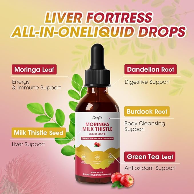 Milk Thistle Liver Detox Drops Apple Flavor – Liver Cleanse Detox & Repair with Moringa, Dandelion, Burdock & Green Tea – Herbal Liquid Supplement for Liver Support & Liver Health, Vegan, 2 Fl Oz