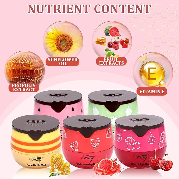 5 Pcs Bee Balm,Honey Strawberry Watermelon Bee Lip Balm Honey Pot,Moisturizing Lip Mask Overnight,Hydrate Repair Prevent Dry Cracked Lip Care (Honey+Strawberry+Watermelon+Apple Lime+Cherry)