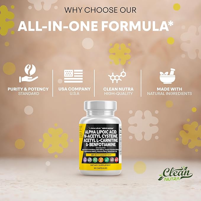 Alpha Lipoic Acid 600mg N-Acetyl Cysteine 600mg Acetyl L-Carnitine 500mg Benfotiamine 300mg - Nerve Support Supplement for Women and Men with Vitamin B1 B6 & B12 - Made in USA 90 Caps