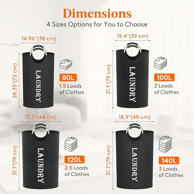 Lifewit 80L 2-Pack Large Laundry Basket, Collapsible Laundry Hamper with Aluminum Handles, Waterproof Freestanding Dirty Clothes Hampers for Laundry Room Bedroom Dorm Bathroom, Black