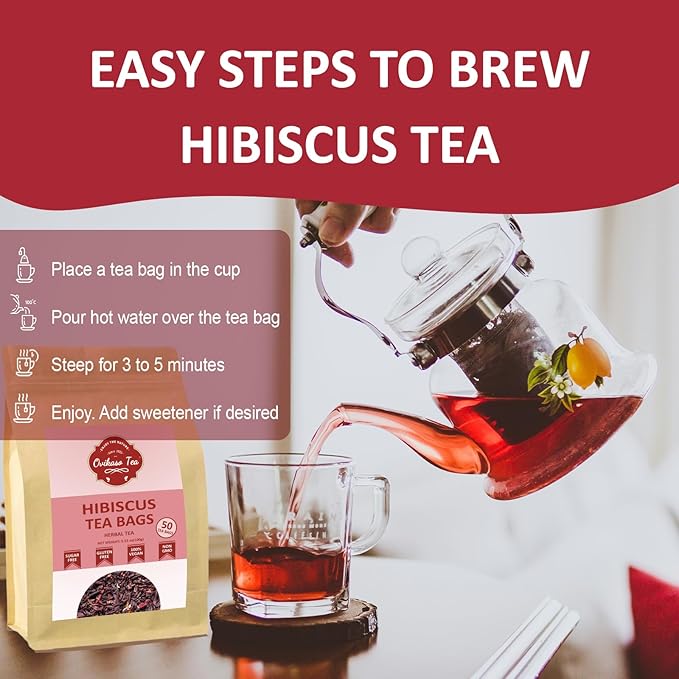 Ovikaso Tea, Hibiscus Tea Bags, Roselle Tea, 50 Pyramid Tea Bags, 2g/bag, 100% Natural, Non-GMO, No Caffeine, Brew Hot or Iced Tea, Baking, Cocktail, Rich in Antioxidants