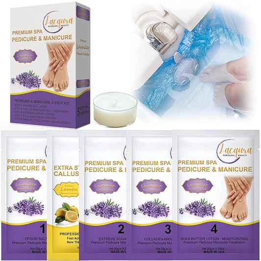 Deluxe 6 Step Pedicure Spa Kit – Epsom Salt, Callus Remover, Extreme Sugar Scrub, Collagen Mask, Massage Oil Candle & Shea Butter Lotion. (Lavender 40 Set)