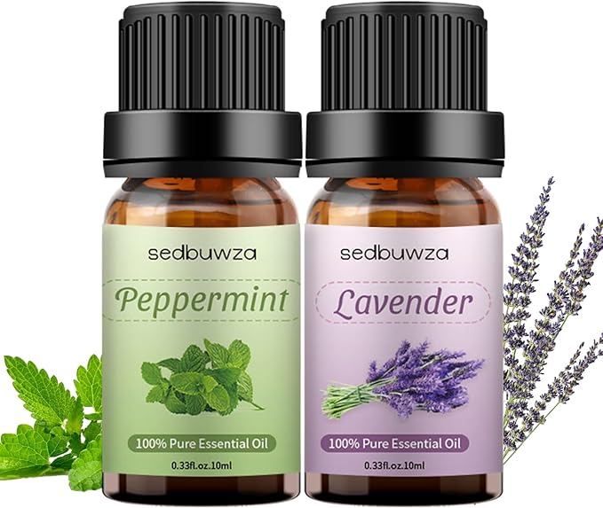 Sedbuwza Lavender Peppermint Essential Oil Set, Lavender Fragrance Oil Peppermint Scent Oil Set for Diffuser, Aromatherapy, Massage, Soap, Candle Making 2 x 10 ml