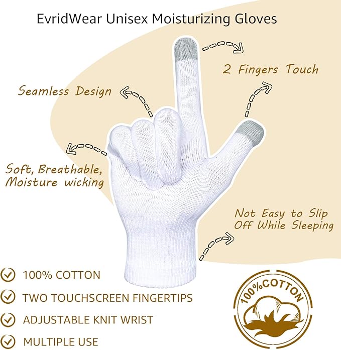 Evridwear Unisex Moisturizing Cotton Gloves with Touchscreen Fingertips for Eczema Beauty Cosmetic Dry Hands Sensitive Irritated Skin Therapy Overnight Bedtime, 6 Pairs, Lightweight-White, XS