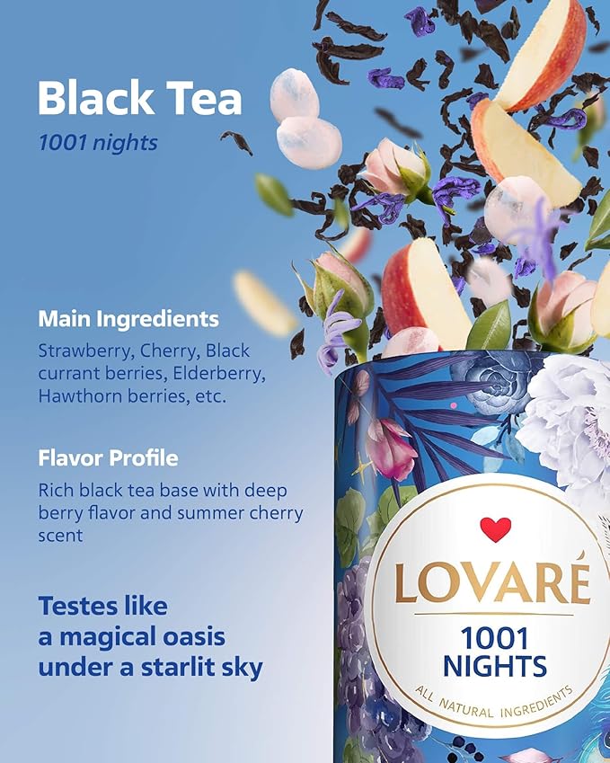 LOVARE Loose Leaf Tea 80 g - Made in Ukraine - Assorted Tea - 1001 Night, Passion Fruit, Sparkling Splashes, Bahamian Soursop - Gift Box with 60 Paper Filters – Easy to Brew Flavored tea
