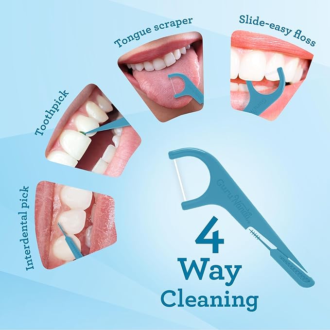 GuruNanda Quad Clean Floss Picks 4-in-1 with Tongue Scraper, Interdental Pik & Toothpick, Non-Shred Dyneema Thread, with Xylitol & Baking Soda, 50ct