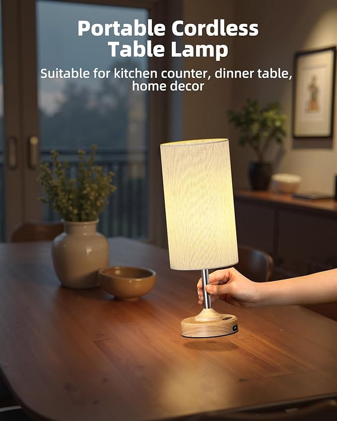 EZVALO Rechargeable Table Lamp, 2-Pack, Dimmable, 2700K, Timer, Touch Control, Portable, LED, Wireless, Cordless e, Battery Operated, Desk Lamp, Kitchen Lamp, Fabric Shade, Wood-Grain Finish, Bedside