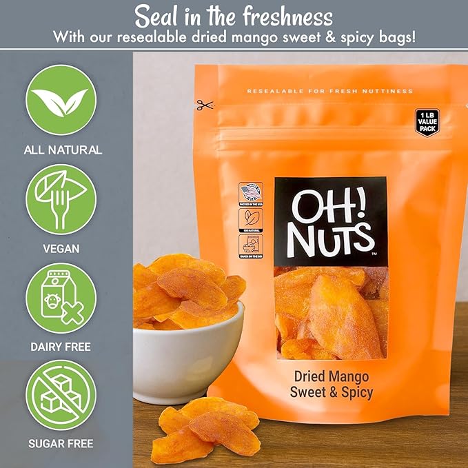 Oh! Nuts Dried Mango Sweet & Spicy - 1 lb - Sweetened Dried Fruit Slices - Packed in New York Zip-Seal Bag for Exceptional Freshness