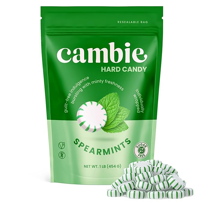 Cambie Sugar Free Mints, 1 lb of Sugar Free Hard Candy, Spearmints Individually Wrapped with a Refreshing & Sweet Spearmint Flavor, Packaged Fresh in a Resealable Pouch