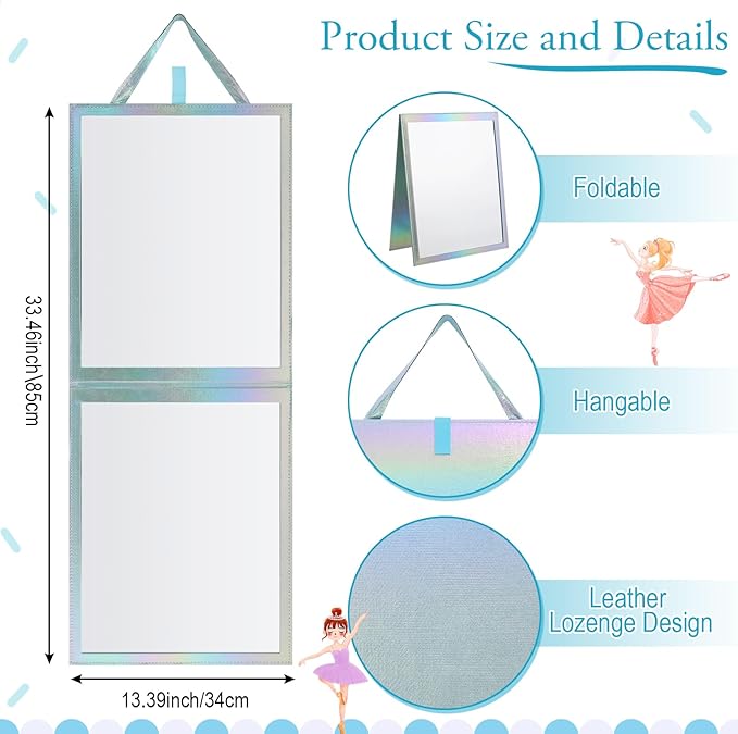 Chunful Foldable Backstage Mirror with Handle Holographic 33.5 X 13.4 Inch Folding Hanging Mirror Rectangular for Travel Dance Bag Home Fitness Spa Gift for Dancers(Blue)