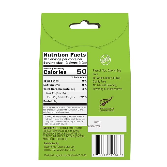 Wedderspoon Organic Manuka Honey Drops, Eucalyptus & Bee Propolis, 20 Count (4oz) (Pack of 1)| Genuine New Zealand Honey | Perfect Remedy For Dry Throats