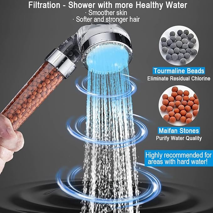 LED Handheld Shower Head Set with Filtration, Automatic 7-color Changing Shower Head Kit, High Pressure Handheld Shower Head with Hose and Bracket, Water Saving Showerheads with Filtration Beads
