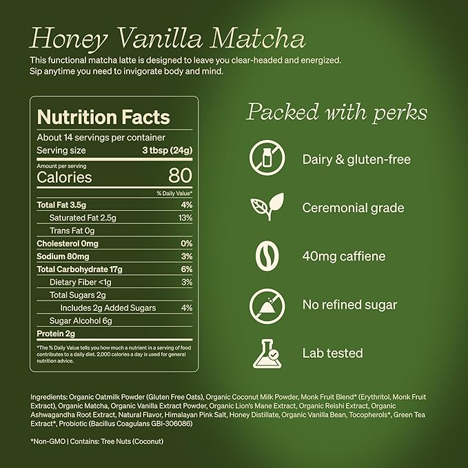 Clevr Blends Organic Honey Vanilla Matcha SuperLatte, Instant Ceremonial Grade, Superfood Powder Blend, Oat Milk, Lions Mane, Reishi Mushroom, Coconut Cream, Ashwagandha, Serve Hot or Iced (14 Lattes)