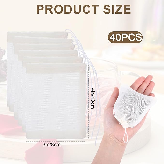 40Pcs Spice Bags for Cooking, Lavender Sachet Bags Empty Tea Bags Mini Drawstring Pouch for Loose Tea Filters, Herb Saver for Spice Cooking Soup Odds for Drawers and Closets (4x3 Inch)