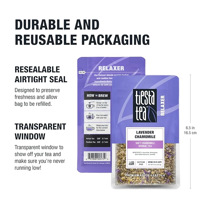 Tiesta Tea - Lavender Chamomile Herbal Tea, Loose Leaf, Calming Blend with Chamomile, Lavender, and Lemongrass, Caffeine-Free Herbal, Great for Hot or Iced, Resealable Pouch, 25 Cups, 0.9 Ounce