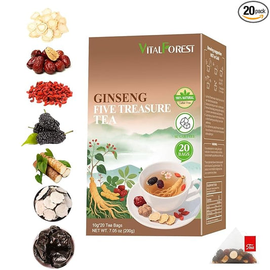 Kidney Tea Formula Ginseng Six Treasure Tea – 10g x 20 Bags Ginseng & Mulberry Herbal Tea Bags, Kidney Cleanse Detox Teas for Men & Women with Goji, Red Dates & Maca