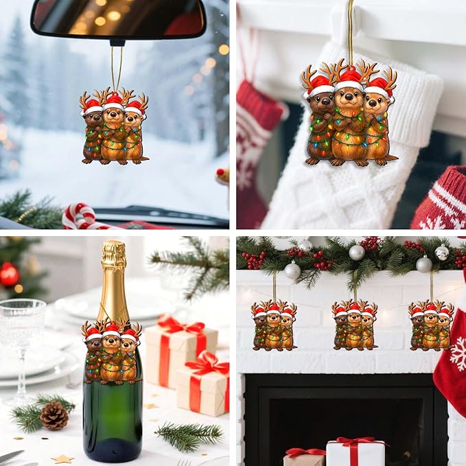 2 Side Printed Flat Christmas Wooden Ornaments, Animal Keepsake Hanging Tree Decoration, Funny Otter Ornament