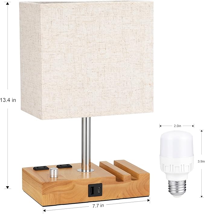 Kakanuo Fully Dimmable Nightstand Lamp for Bedroom with USB C Ports, Small Bedside Table Lamp with Charging Outlets and Phone Stands, Wooden Desk Lamp for Living Room, LED Bulb Included