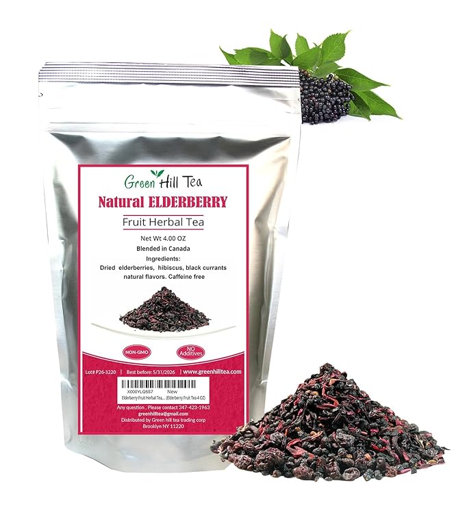Green Hill Tea Elderberry Herbal Tea - Immune System Boosting Fruit Herbal Tea Blend - Caffeine-Free Relaxing Drink, Hot tea or Iced Tea - resealable foil bag 4 OZ
