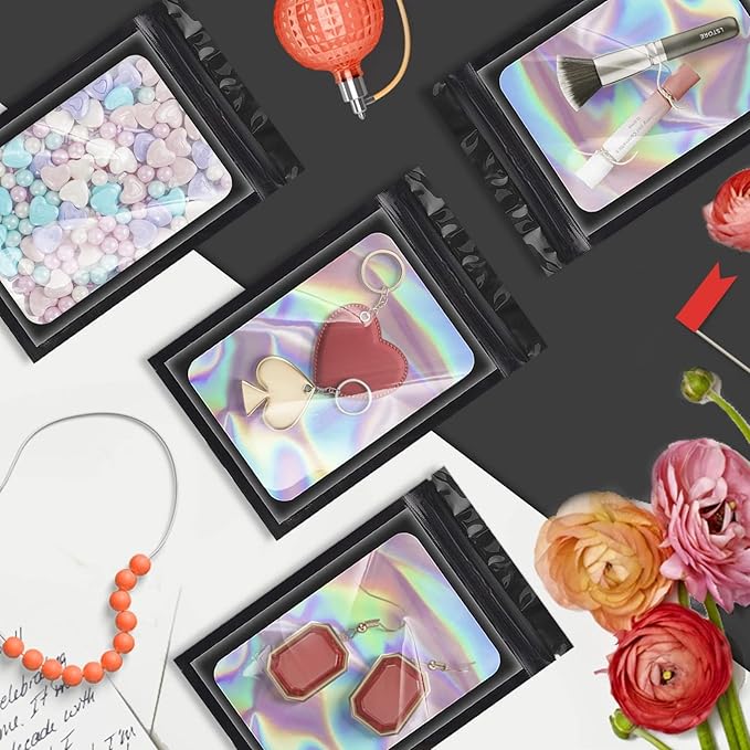 ANZNKU 100 Pack Mylar Bags Reasealable Holographic Bags, Smell Proof Bag Zipper Pouches with Clear Window, Jewelry Candy Sealable Bag for Packaging Sample Party Favor (Black, 7.1 x 10.2 Inch)