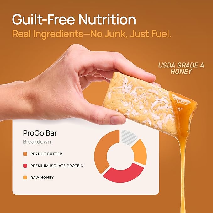 ProGo Protein Bars, Low Sugar, High Protein Snacks (21g) - 95% Pure Isolate for Faster Muscle Growth & Recovery, Low Calorie, Sweetened w/Peanut Butter & Raw Honey (20-Count, Salted Caramel Crunch)