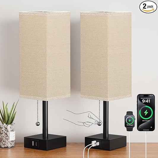 Beige Bedside Table Lamps Set of 2 - Square Bedroom Lamps with 3 Color Temperatures (3000K/5000K/4000K), Nightstand Lamps with USB C + A Charging Ports, Pull Chain Small Night Light for End Table