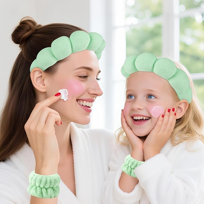 Zkptops Spa Headband for Washing Face Wristband Set Sponge Makeup Skincare Terry Cloth Bubble Soft Get Ready Hairband for Women Girl Puffy Padded Headwear Non Slip Thick Hair Accessory(Light Green)