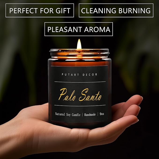 Palo Santo Highly Scented Candle for Home, 9oz Natural Soy Aromatherapy Non Toxic Candles with Essential Oil, Home Fragrance Stress Relief & Meditation Jar Candles Gifts for Women & Men
