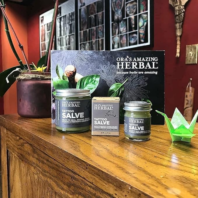 Ora's Amazing Herbal Tattoo Salve, Tattoo Aftercare Balm, Paraben Free Healing OIntment For New Tattoos, Brightening Moisturizer For Old Ink, Itchy Tattoo Relief Cream, Plastic Free, 1 oz Travel Size