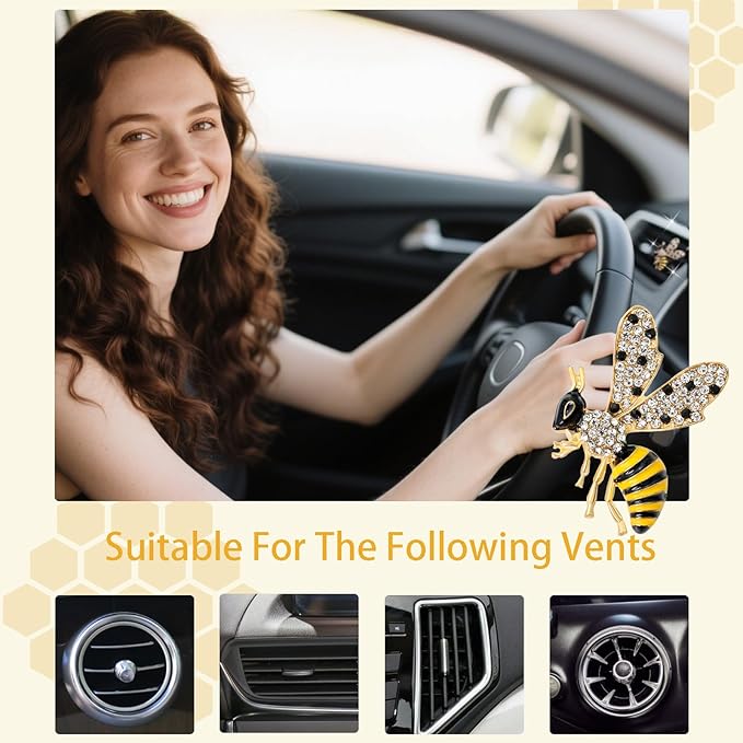 Bee Car Decor,2pcs Cute Bumblebee Car Air Freshener Vent Clip,Bling Yellow Bee Alloy Vent Clips Dashboard Accessories with Rhinestones,Refillable Diffusers