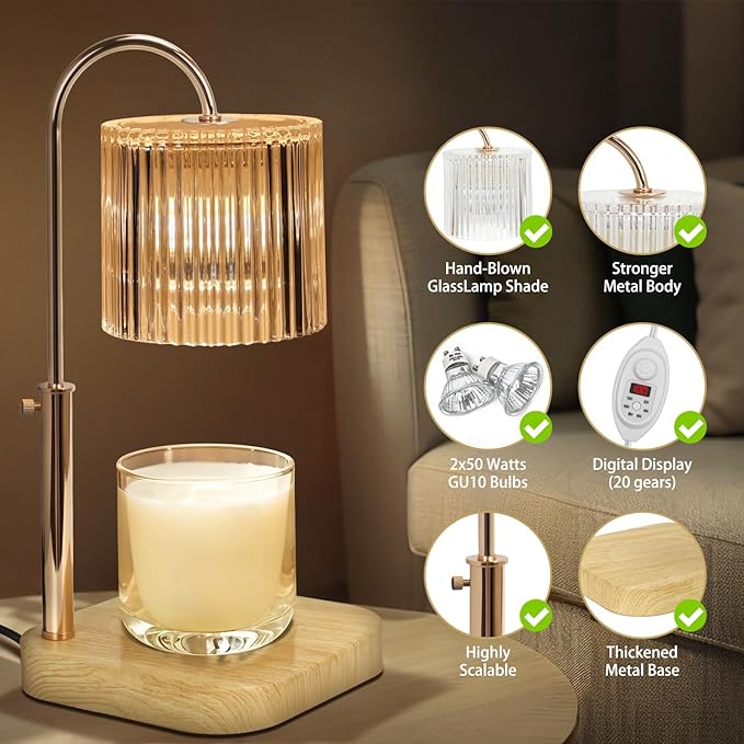 Candle Lamp Warmer with Timer,Candle Melter,Mothers Day Gifts for Daughter, Birthday Gifts for Women,20 Gears Rotary Dimming with 2 Bulbs