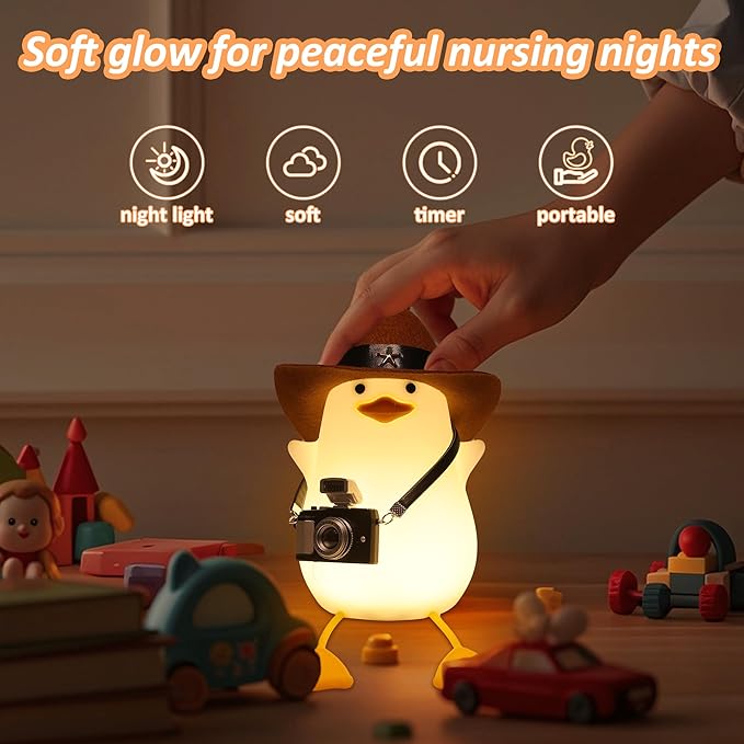 Duck Night Light for Kids, Cute Benson Ducks Gifts, Squishy Touch Silicone Animal Nursery Bedside Lamp Goose Gifts, Dimmer & Rechargeable, Birthday Gifts for Boys Girls Women Teens(Cowboy Duck)