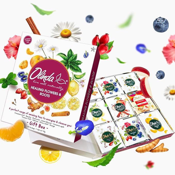 Olinda Healing Flowers & Roots Gift Box Natural Caffeine Free Tea Organic Herbal Tea Bags Healthy Beauty Tea Wellness Stress Relief Tea Sampler Gift Set Premium 9 Vareity Individually Wrapped 45 Tea Bags 1 Tea Gift Box for Women