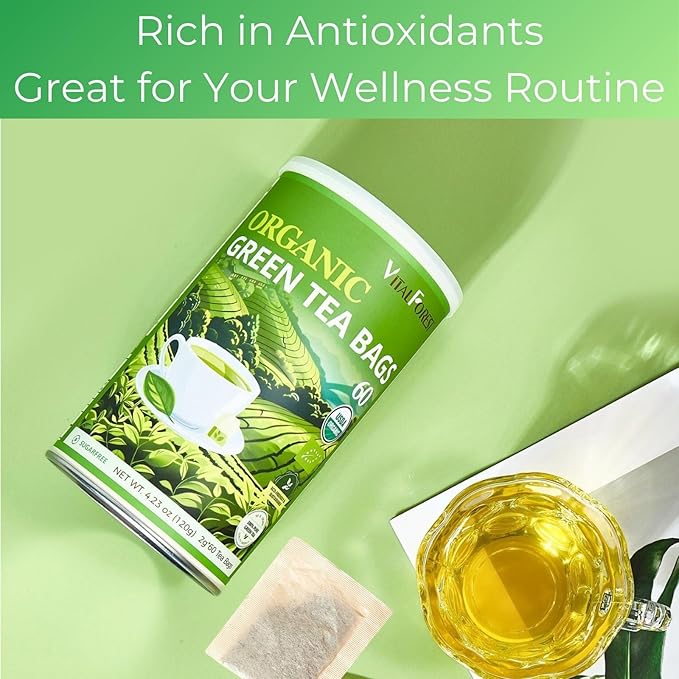 Organic Green Tea Bags| 70 Count VitalForest Unbleached ECO-Conscious Chinese Green Tea Packets| Te Verde Organico Natural Premium Real China Herbal Tea