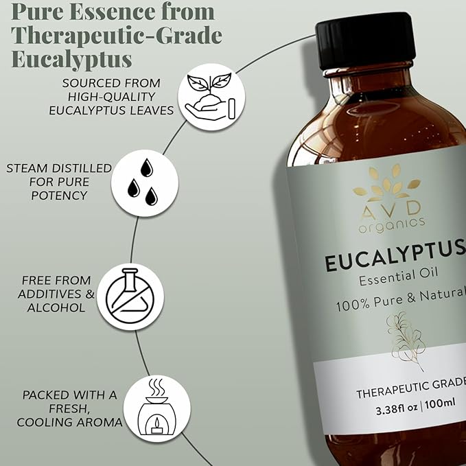 Eucalyptus Essential Oil for Diffuser | 100% Pure and Natural Eucalyptus Oil | for Skin Body Aromatherapy Home Fragrance Carrier Bath Steamroom 3.38 fl. Oz…