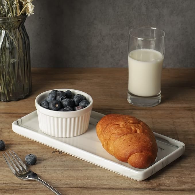 Gurygo 10" Bathroom Tray for Counter, Ceramic Vanity Trays for Bathroom, Small Rectangle Ceramic Trays, Kitchen Soap Ceramic Tray for Kitchen Counter, (Marble White, Set/1)