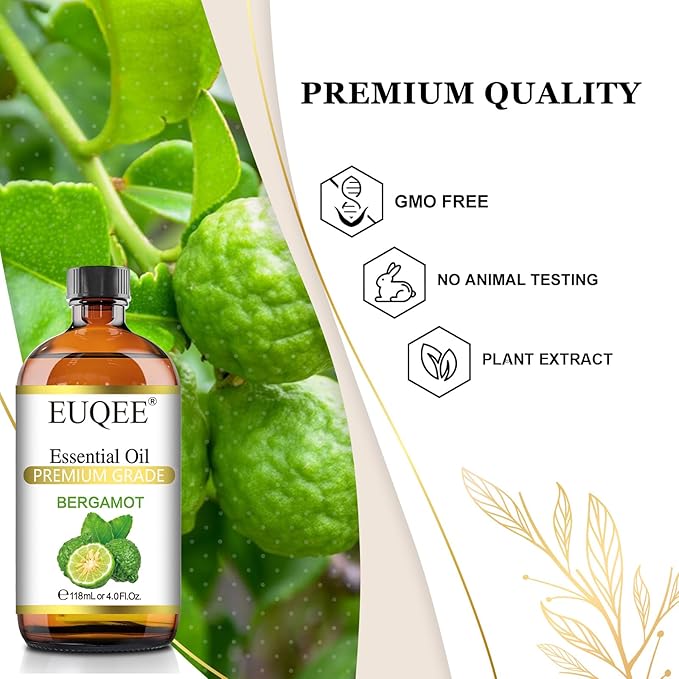 EUQEE Bergamot Essential Oil 118ml Pure Bergamot Oil for Aromatherapy, Diffuser, Sopa Candle Making, Large Bottle with Gift Box -4 fl.oz
