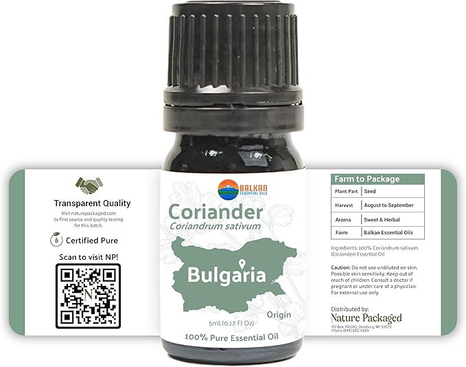 Coriander Essential Oil - Direct from Bulgarian Balkan Mountains - Steam Distilled - Aceite Cilantro for Aromatherapy, Massage, Diffuser, DIY Candle and Soap Making - 5ml
