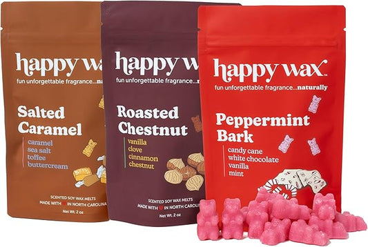 Happy Wax Fireside Treats Mix Scented Natural, Non Toxic Soy Wax Melts - 6 Total Oz. of Holiday Scented Wax Melts - Collection Includes: Peppermint Bark, Roasted Chestnut and Salted Caramel